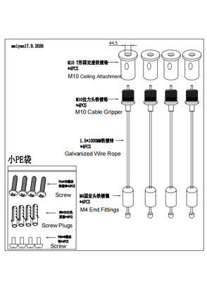 Customized Length Lighting Suspension Kit with M10 Ceiling Attachment and M4 End Fittings